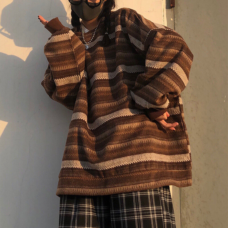 여성용 빈티지 스트라이프 오버사이즈 스웨터, 긴 소매 니트 상의, 힙합 스트리트웨어 풀오버, 가을