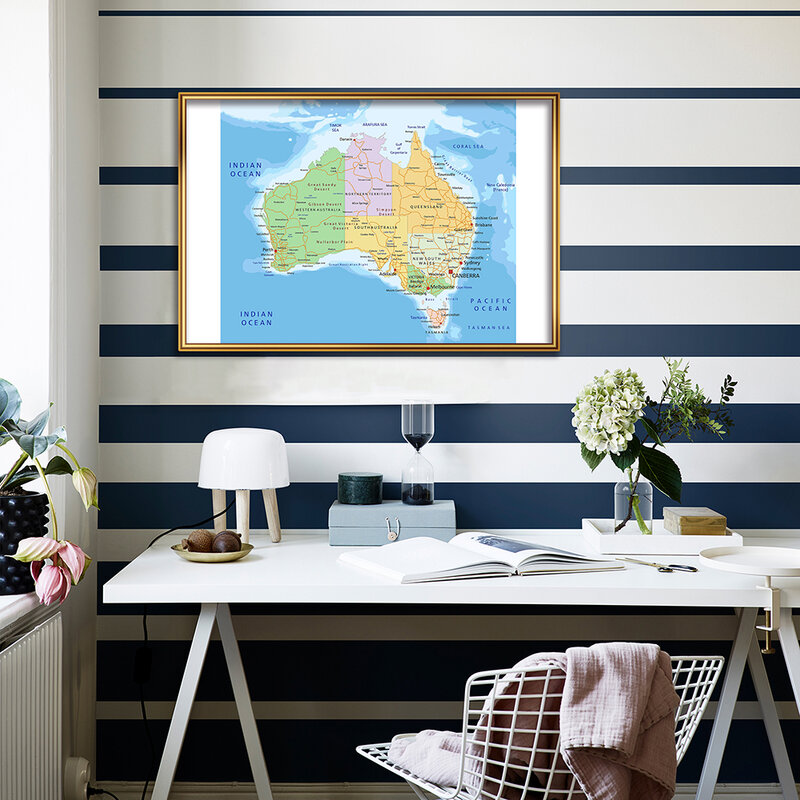 Póster de arte de pared decorativo, mapa política de Australia, lienzo de pintura, suministros escolares, decoración del hogar para aula, 59x42 cm