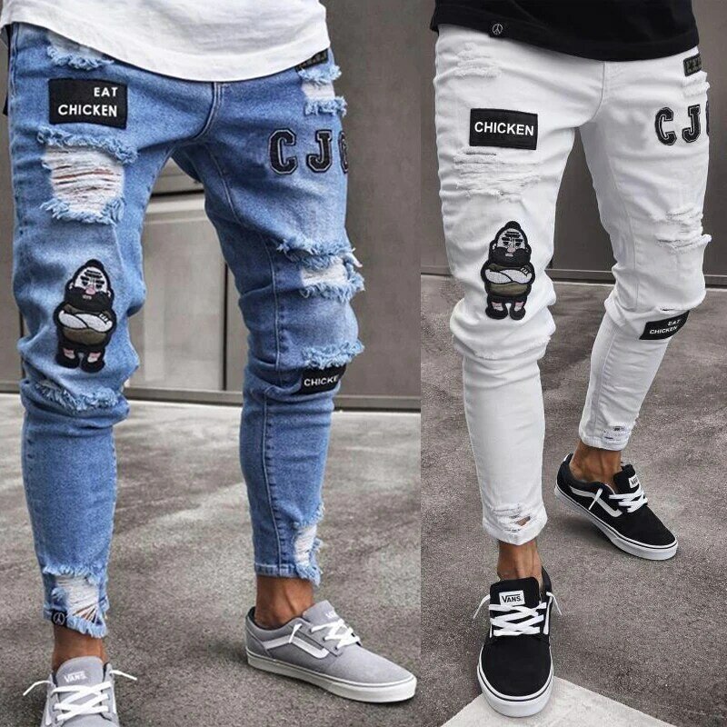 Homens elástico rasgado motociclista magro bordado dos desenhos animados imprimir jeans destruído buraco magro ajuste denim alta qualidade hip hop jeans preto