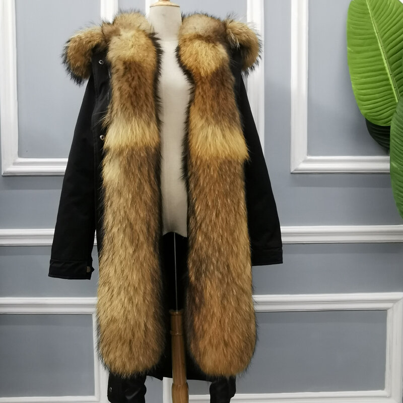 Mantel Bulu Asli Super Besar Tudung Kerah Bulu Rakun Jaket Musim Dingin Jaket Wanita Jaket Bulu Cerpelai Alami Tebal Dapat Dilepas Panjang 90Cm