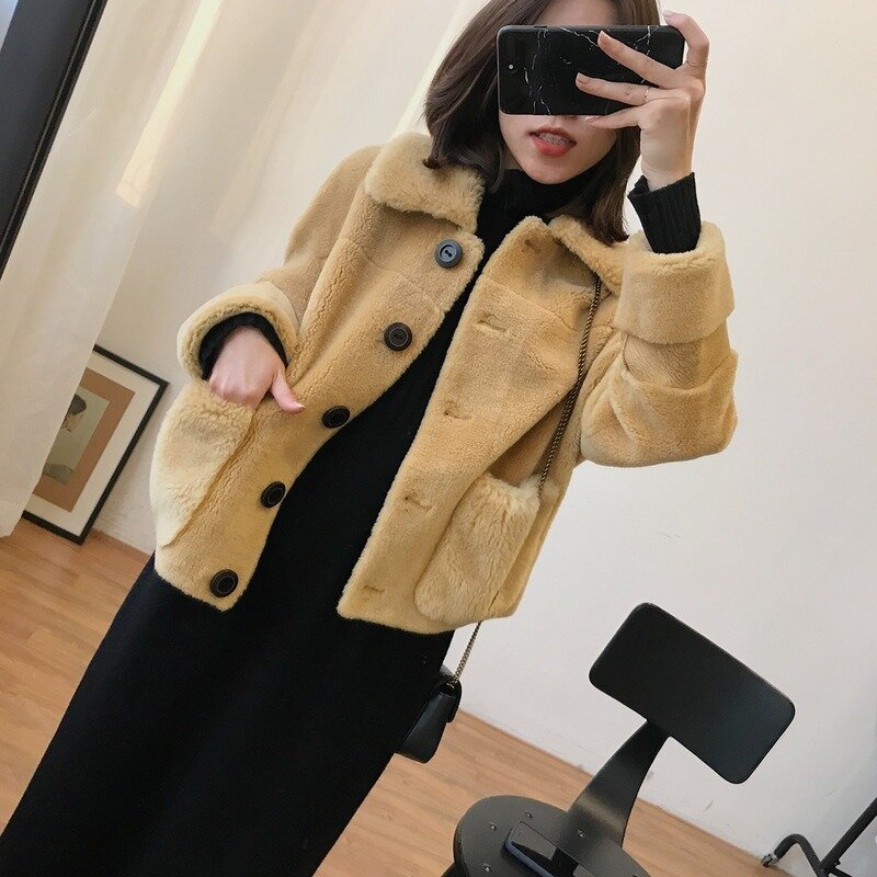 Abrigo corto de piel auténtica para mujer, chaqueta de lana 100%, abrigo de piel de corte coreano, 2020