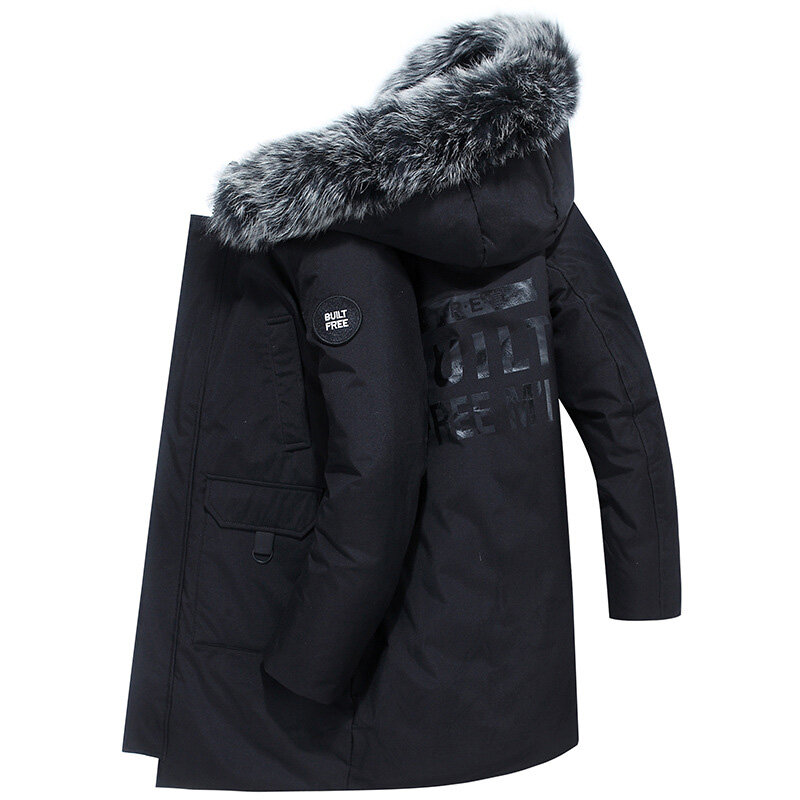 겨울용 화이트 덕 다운 파카, 남성 두꺼운 따뜻한 재킷-30 도 캐주얼 후드 코트, 남성 모피 칼라, 남성용 중간 길이 윈드브레이커