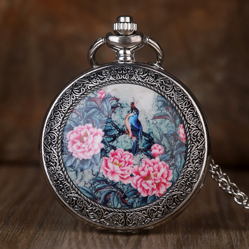 ヴィンテージシルバークォーツfob懐中時計ビビッド鳥ツリー上の絶妙な花パターンネックレスペンダントポケット時計