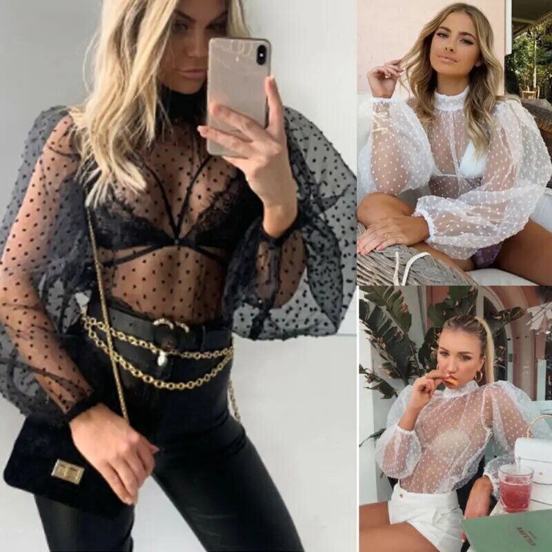 Neue Mode Sexy Frauen Mesh Puff Lange Sheer Sleeve Tops Pullover Bluse Shirts Casual Partei