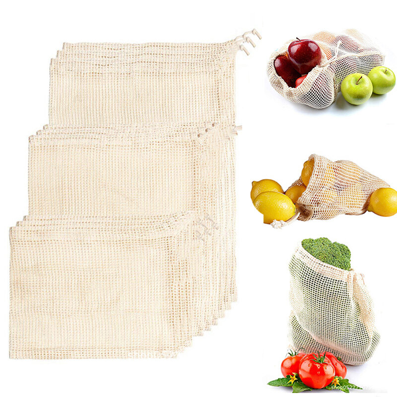Reusable Bag Cotton Mesh Vegetable Bags for Fruit Vegetable Storage Mesh Bags with Drawstring Reusable Shopping Bag