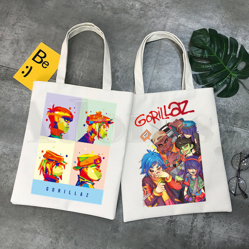 Sac à main en toile de grande capacité pour femme, groupe de musique Gorillaz, PUNK ROCK Design initié, sac à provisions imprimés Harajuku
