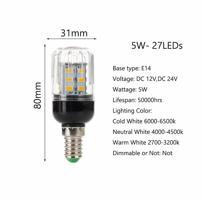 Mini lampe LED pour la décoration de la maison, ampoule de maïs SMD5730 DC 12V 24V 27 gible, bougie de lustre, E26 E12 E14