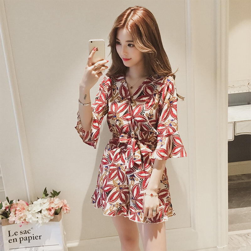 Women Summer Jumpsuit V-neck Lotus Leaf Sleeve Chiffon Rompers Fashion Casual Printing Wide Leg Pants Women's Onesies With Belt