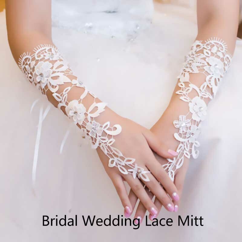 Guantes de novia con cuentas de encaje largo blanco sin dedos cristales flor guantes de boda para novia mujeres accesorios de boda JL