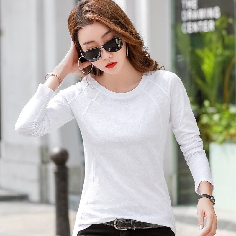 Bawełniana koszulka damska z długim rękawem koszulka Femme koreański styl odzież damska jesień wytrzymałe topy na co dzień Tshirt Camisetas De Mujer