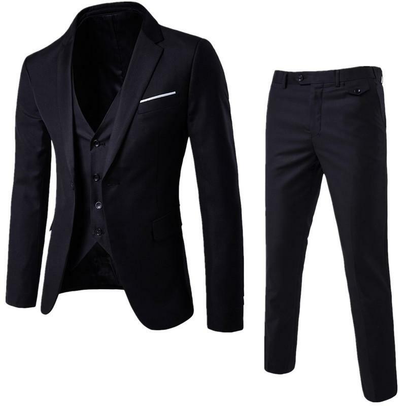 (แจ็คเก็ต + กางเกง + เสื้อกั๊ก) หรูหราผู้ชายชุดชาย Slim Fit สูทสำหรับชายชุดธุรกิจอย่างเป็นทางการสีฟ้าคลาสสิกสีดำ