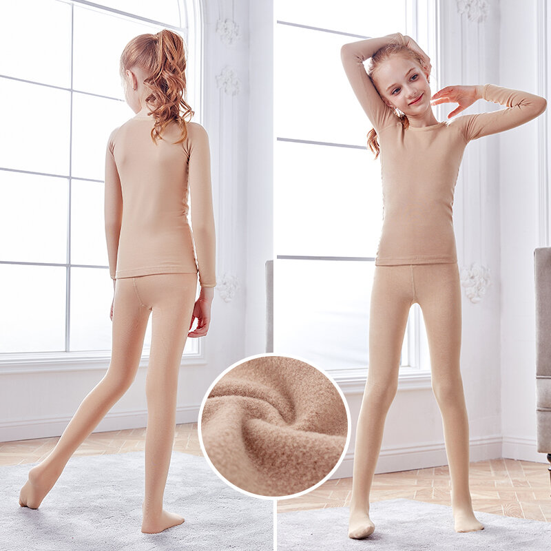 Meisjes Thermisch Ondergoed Suits Naakt Stretch Ballet Ondergoed Set Dikker Dans Panty Turnpakje Voor Winter