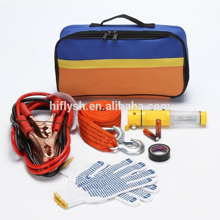 Kit de seguridad de emergencia para coche 005, martillo de seguridad, cuerda de remolque, guantes de punto, cinta eléctrica, cable de batería, reflectante portátil