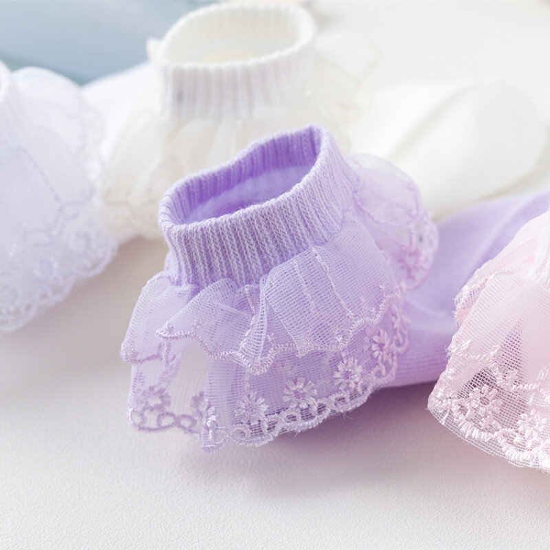 Meias curtas com renda e plissado para menina, meias de algodão respirável com design de flores, meias brancas princesa, 2020