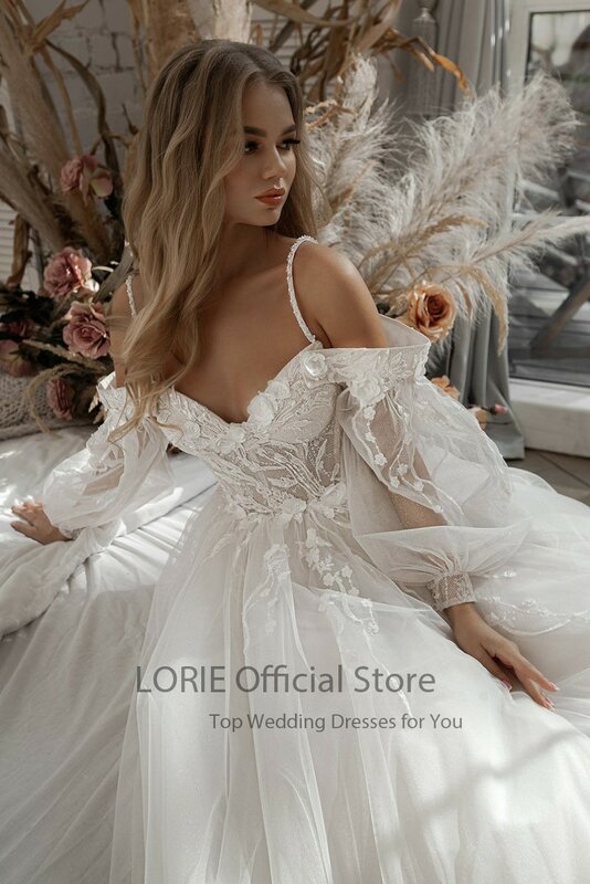 Lorie Glitter Trouwjurken Bladerdeeg Mouw Applicaties Lace 3D Bloemen Off Shoulder Tulle Boho Bruid Gown 2021 Vestidos De Novia