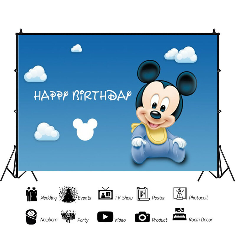 Disney-Fondo de fotografía de Mickey Mouse para niños, decoración azul para fiesta de primer cumpleaños, suministros para Baby Shower