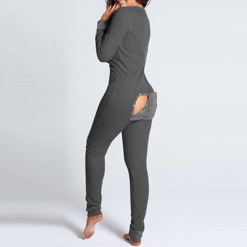 Pyjama à rabat boutonné pour femmes, combinaison Sexy, col en v, devant fonctionnel, vêtements de nuit pour adultes