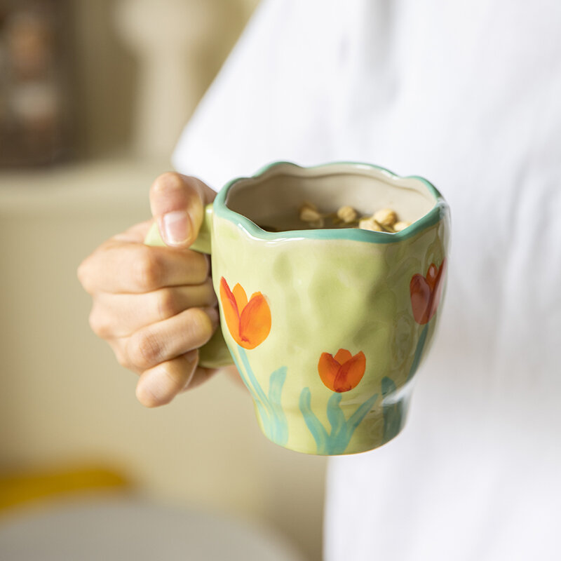 손으로 그린 꽃 세라믹 커피 컵 홈 오피스 머그잔 접시 아침 우유 주스 차 핸들 컵 선물 전자 레인지 안전