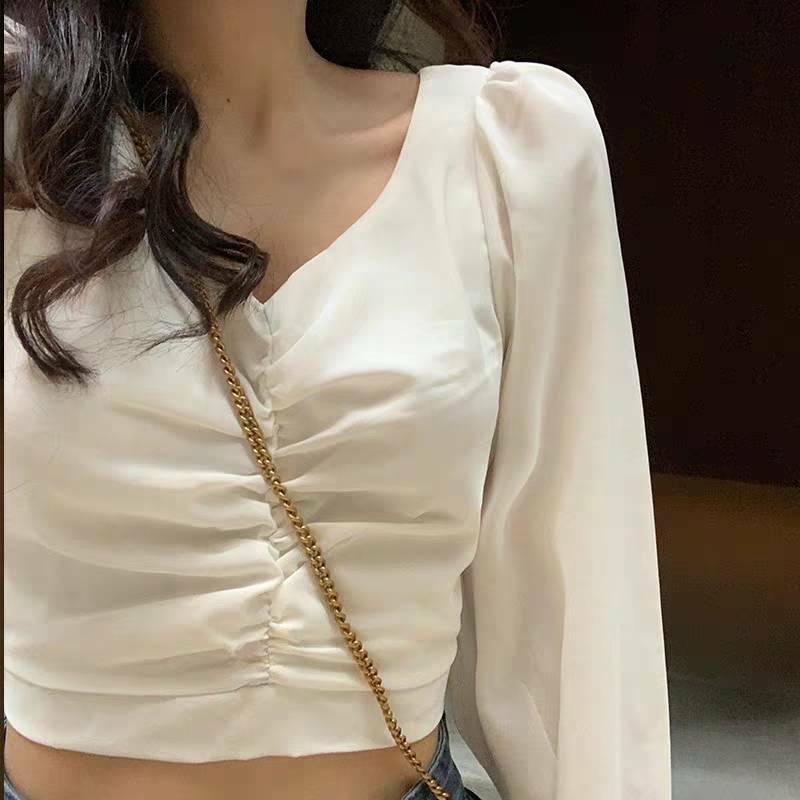 Кроп-Топ женский с пышными рукавами, модная винтажная Блузка-рубашка с V-образным вырезом и длинным рукавом, однотонная черная белая короткая футболка в Корейском стиле, 2021
