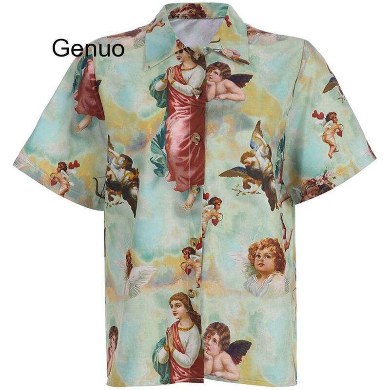 Blusa harajuku estampa de anjo cupido, blusa feminina de verão vintage, casual, camisa de manga curta solta, tops feminina moda de rua
