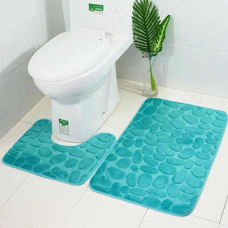 2PCs/Set Bathroom Toilet Rug Mat Non Slip Extra Mat Suction Grip With Rubber Backing Funnel Cobblestone Bath Anti-slip Carpet