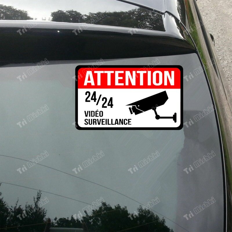Tri Mishki WCS1028ภาษาฝรั่งเศสคำข้อควรระวัง24ชั่วโมงการเฝ้าระวังวิดีโอรถสติกเกอร์ PVC Decals อุปกรณ์เสริมสติกเกอร์รถรถบรรทุก