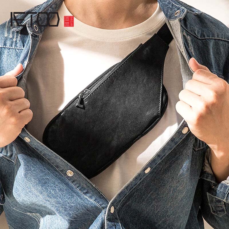 AETOO-bolsa masculina de peito de couro, saco retrô ultrafino de um ombro, bolsa de couro de cabeça