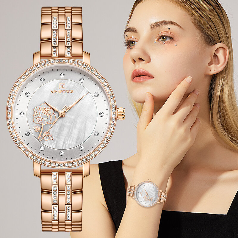 Relógio feminino com pulseira de aço Naviforce, ouro rosa, criativo, impermeável, para mulheres