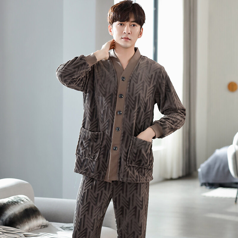 Conjunto de Pijamas de franela gruesa para hombre, ropa de dormir con cuello en V, de manga larga, cálida y sólida, talla grande 3XL, Otoño e Invierno