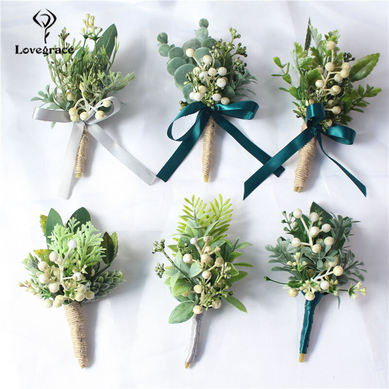 Lovegrace Groom Boutonniere Corsages Green Berries Artificial Eucalyptus Plant Leaf Pine Needle Forest Style Wedding Supplies