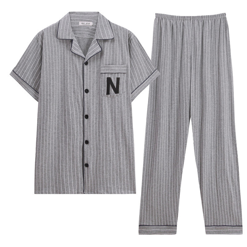 CAIYIER New Autumn Summer Men Pajamas Set Short Sleeve Long Pants Sleepwear Casual Cardigan Male Nightwear Suit Homewear L-3XL