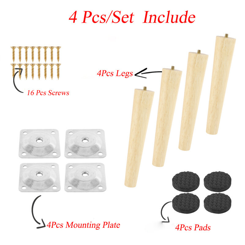 4 Pcs Solid Wood Furniture Legs Slanting Straight Feet Sofa Coffee Table Cabinet Leg with Metal Plates Screws 8/15/20cm High