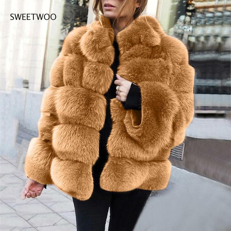 Casaco de pele falsa feminino, moda europeia e americana 2021, roupa de pele de raposa falsa, casaco feminino elegante e quente, jaqueta grossa