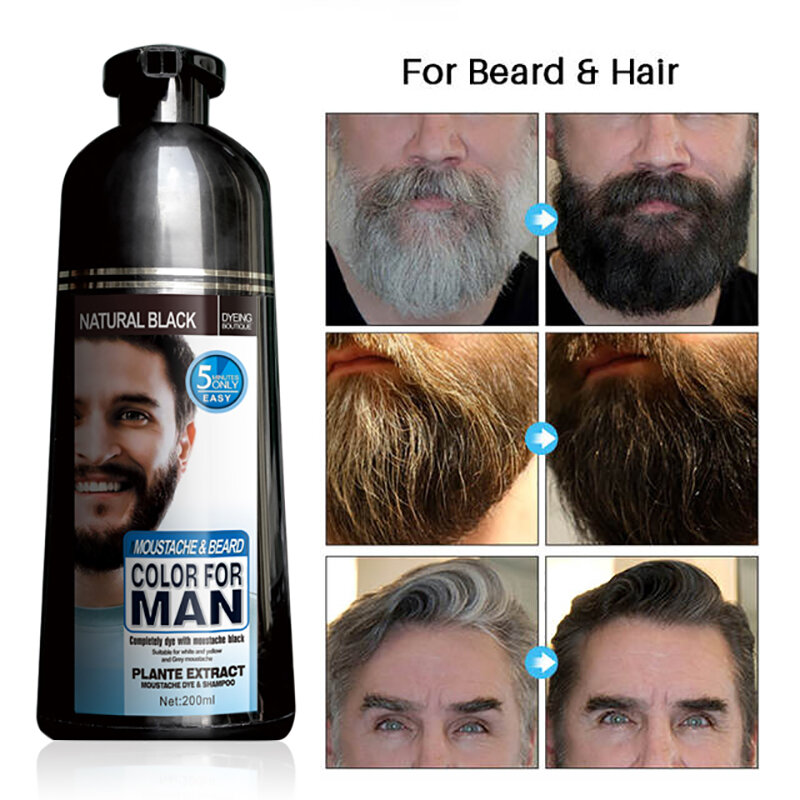 ​Mokeru 1pc 200ml Natural Long Lasting Hair Dye Black Shampoo Permanent Black Dye Shampoo For Men Covering White Gray Hair