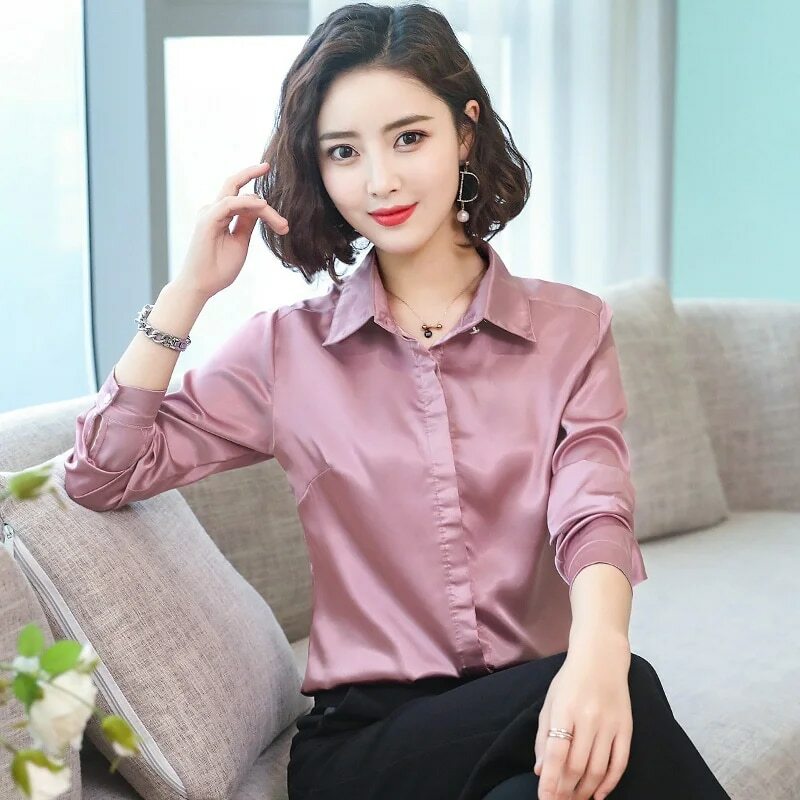 Camisa elegante de oficina para mujer, Blusa de manga larga con solapa y botones ocultos, blusa básica brillante de seda satinada