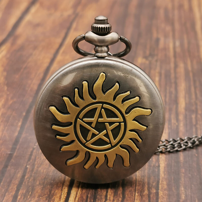 Reloj de bolsillo con diseño de estrella de cinco esquinas para hombre, reloj de collar Retro de bronce con cadena de suéter, relojes colgantes para hombre y mujer