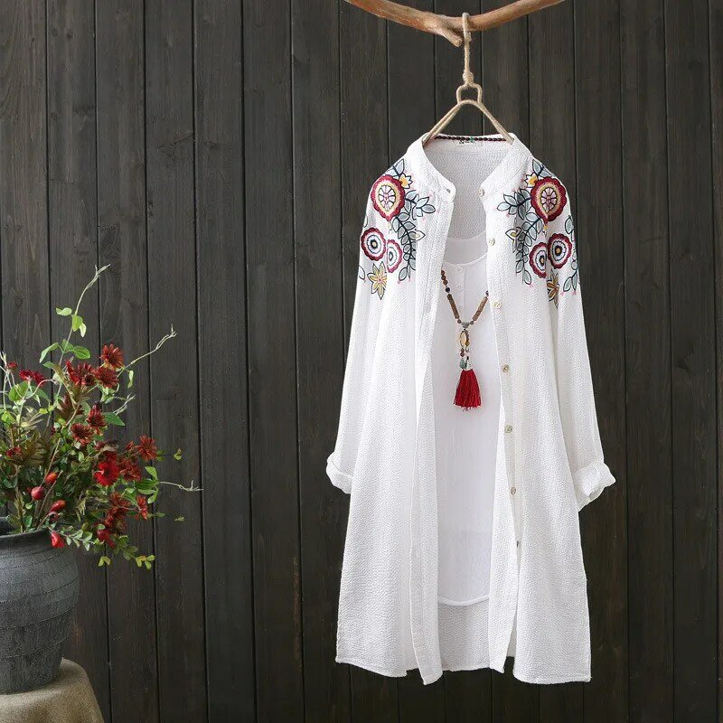 Camisa de manga longa para mulheres, roupas de maternidade, blusa de algodão, tampo bordado, primavera e outono
