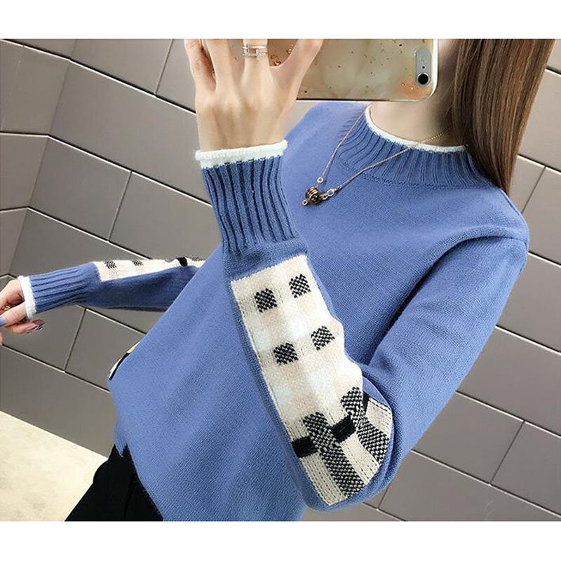 Sweter damski sweter 2021 nowy jesienno-zimowy kobiecy sweter w stylu koreańskim nastolatek bluzki z dzianiny biały niebieski żółty A07