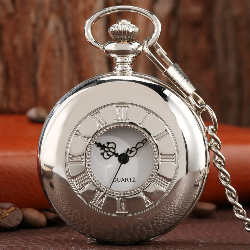 Numeri romani argento liscio Half Hunter orologio da tasca al quarzo Display analogico digitale quadrante rotondo orologio antico da tasca regali Unisex