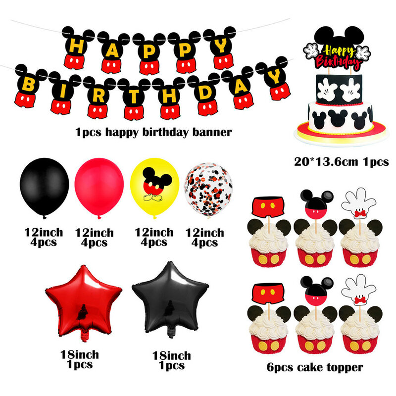 สีแดง Mickey Mouse เด็กธีมวันเกิด Party Arrangement ตกแต่งถ้วยกระดาษวาดธงผ้าปูโต๊ะที่ใช้แล้วทิ้ง