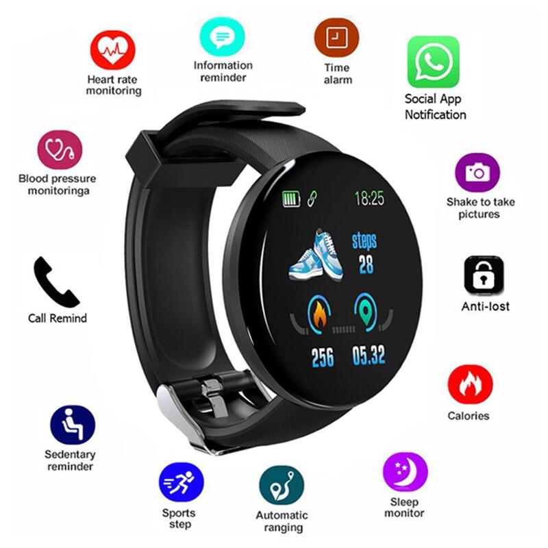 D18 relógio inteligente full touch, smartwatch com monitor de pressão arterial e frequência cardíaca, controle de música, lembrete de mensagens, para homens e mulheres