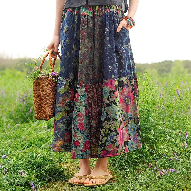 Summer Women's Skirt Bohemian Style Print Skirt Chinese Style Elastic Waist Patchwork Skirt Long Skirts