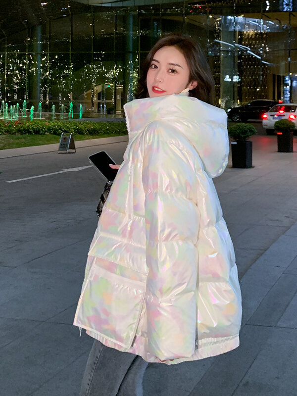 White Glaze Surface Laser Colorful down Jacket Female Mid-Length Winter Clothing New White Duck down Hooded Thickened Jacket