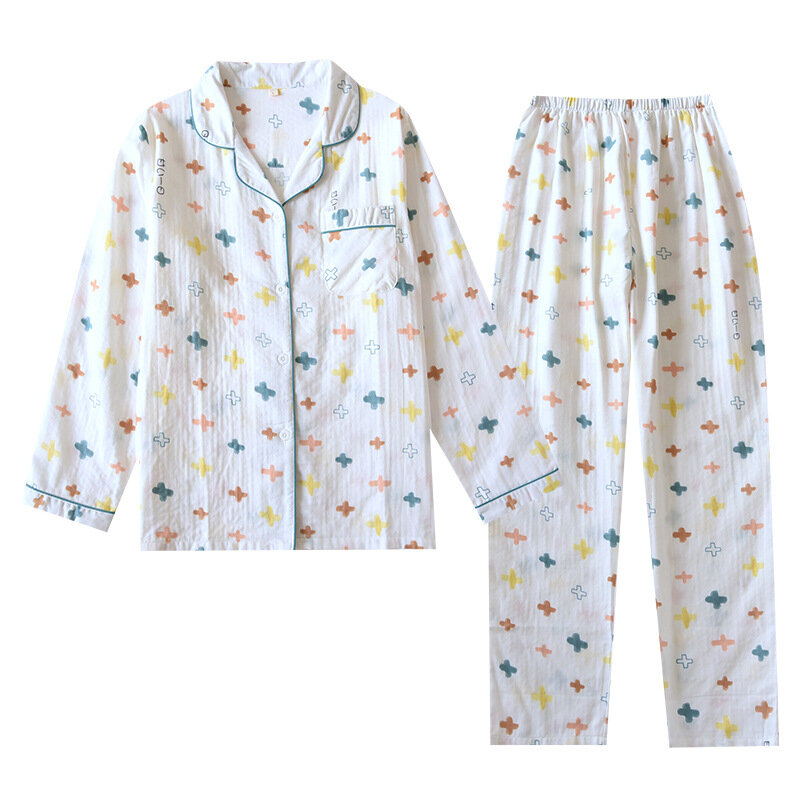 코튼 거즈 홈웨어 세트 상의 및 롱 팬츠 잠옷 세트, 2021 년 가을 일본 소프트 심플 프린트 캐주얼 파자마 잠옷