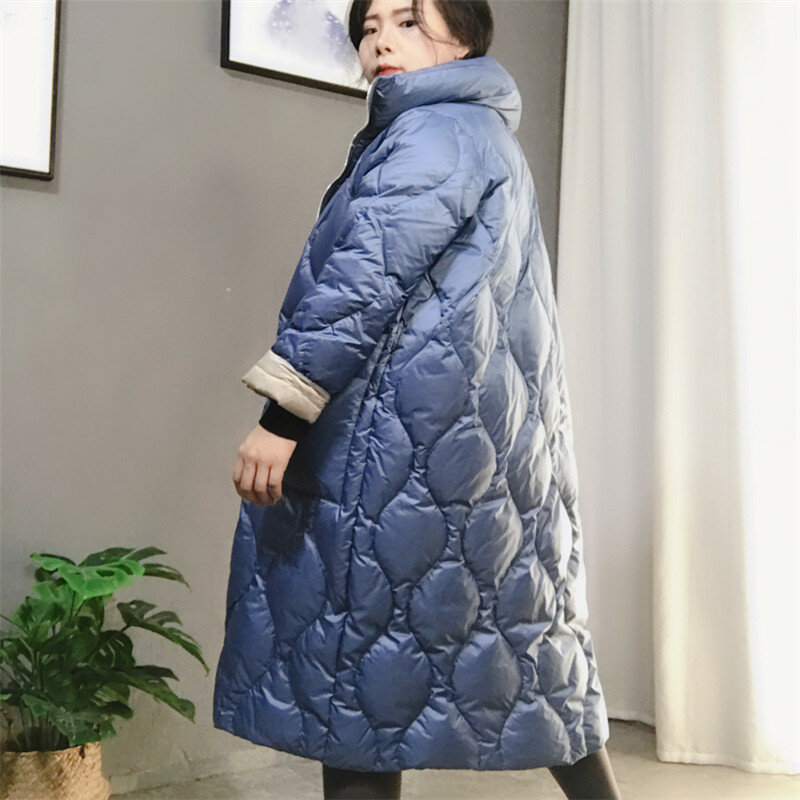 Sanishroly-캐주얼 스탠드 칼라 오리털 롱 코트 및 재킷 여성용, 가벼운, 화이트, 플러스 사이즈 696, 가을 겨울