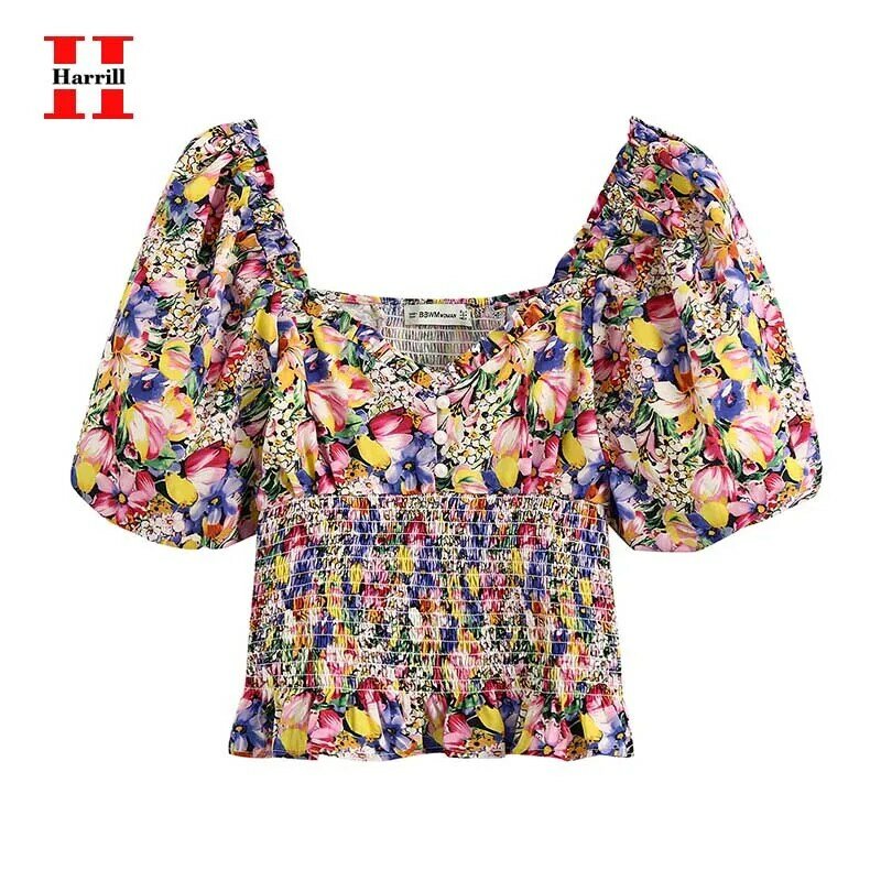 Sexy bluzka z odkrytymi plecami damska dekolt w serek kwiatowy krótka koszulka z nadrukiem kobiety letnia, z bufkami bluzki kobieta Streetwear elastyczne topy Blusas