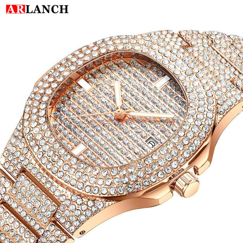 Relógio de aço diamante gelado para homens, relógios Hip Hop, relógio de ouro luxuoso, marca superior, moda, 2021
