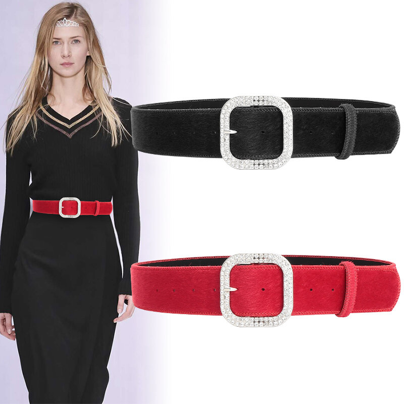 Vrouwen Cover Brede Tailleband Mode Eenvoudige Decoratieve Rok Jas Trui Pak Taille Riem Kristal Rood Zwart Pin Gesp Riem