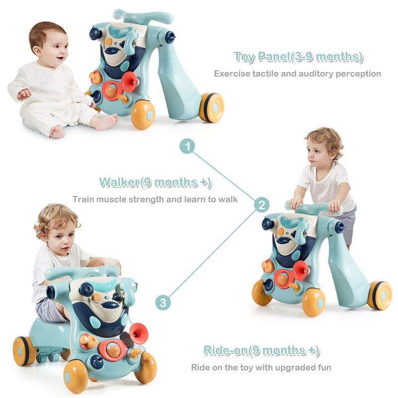 Andador 2 en 1 para bebé, centro de actividades para niños pequeños, andador para sentarse a pie, andar en casa, color azul