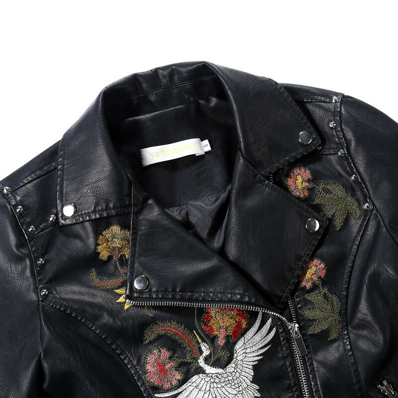 여성용 턴다운 칼라 리벳 지퍼 PU 가죽 재킷, 블랙 바이커 코트, 상의 의류, 가을 꽃 자수